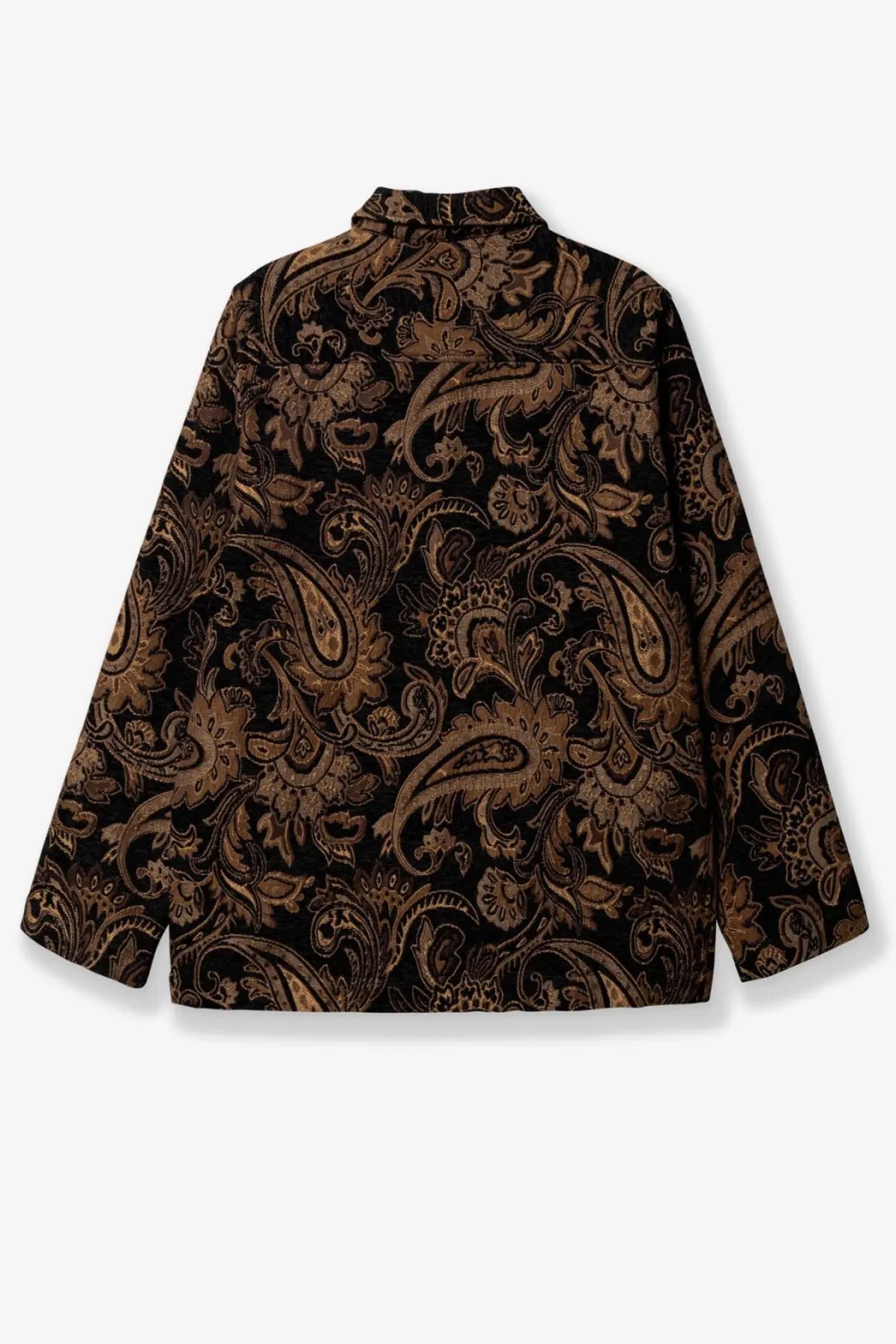 Woodbird men’s wbblade rong jacket brown long-sleeved black shirt with intricate gold paisley pattern front view