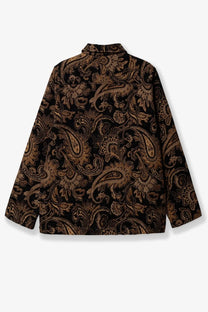 Woodbird men’s wbblade rong jacket brown long-sleeved black shirt with intricate gold paisley pattern front view