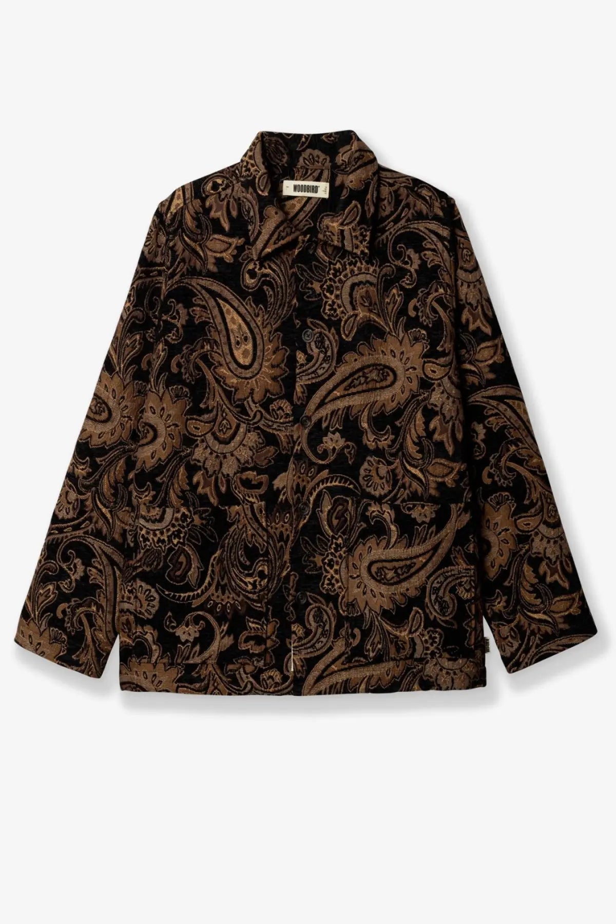 Woodbird men’s wbblade rong jacket brown with black and brown paisley velvet textured fabric front view
