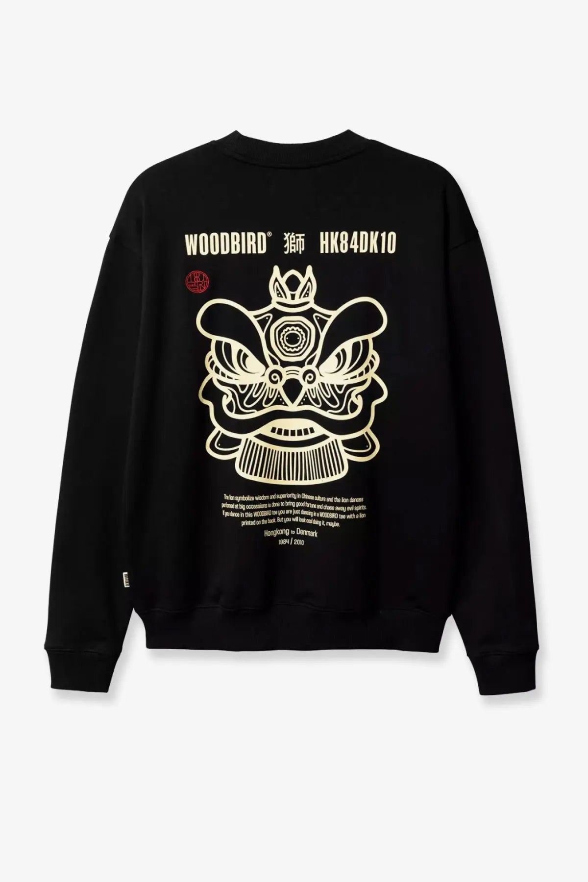 Black woodbird sweatshirt showing back with bold cream lion dance mask graphic made of cotton jersey