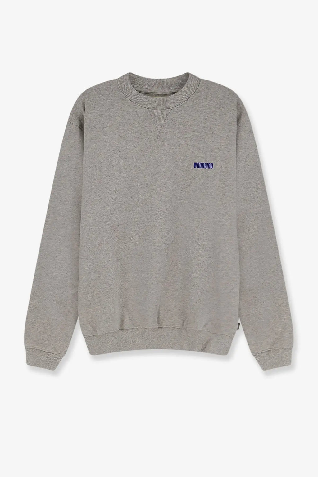 Woodbird men’s wbcane lion cotton shirt in grey with a gray heathered crewneck and blue woodbird logo on left chest