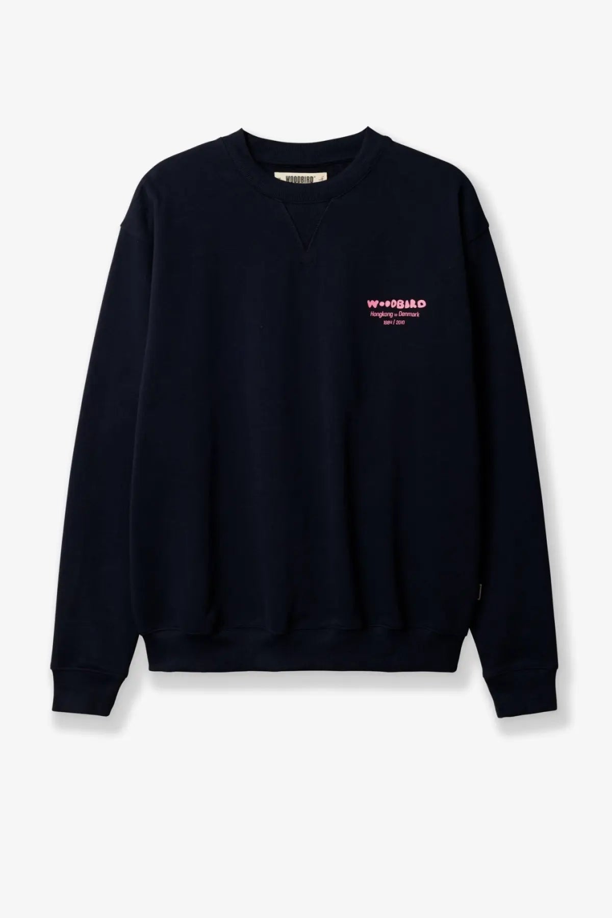 Woodbird men’s wbcane organic cotton black crewneck sweatshirt with pink embroidered text on left chest