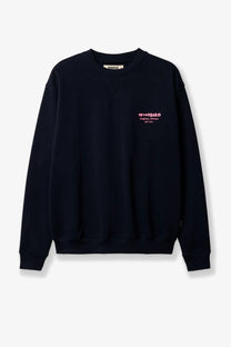 Woodbird men’s wbcane organic cotton black crewneck sweatshirt with pink embroidered text on left chest