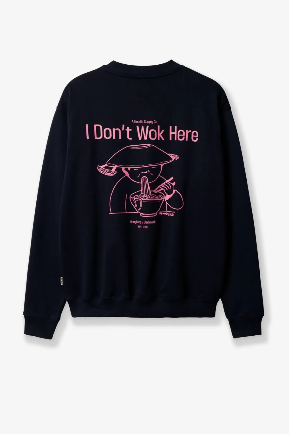 Black crewneck sweatshirt with pink line-art eating noodles graphic and i dont wok here text on the back woodbird mens organic cotton sweater blue