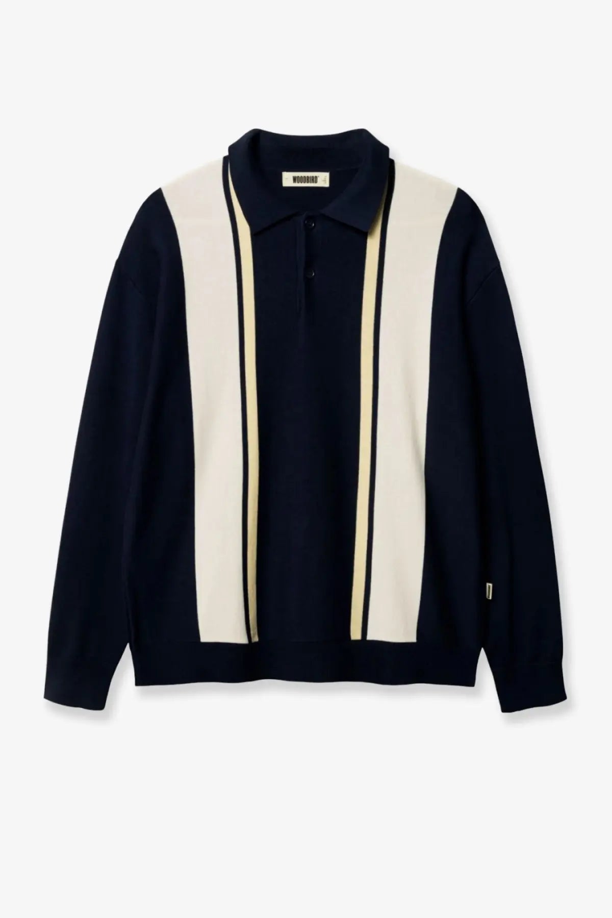 Woodbird men’s wbdom gran polo knit shirt in navy blue and cream with vertical stripes made of cotton