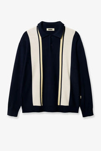 Woodbird men’s wbdom gran polo knit shirt in navy blue and cream with vertical stripes made of cotton