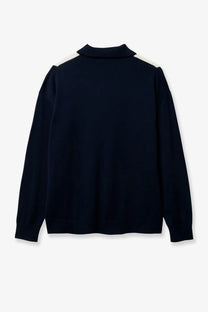 Navy blue cotton knit sweater with white shoulder stripes woodbird men’s wbdom gran polo in cotton blue front view
