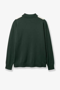 Woodbird men’s green cotton polo shirt with dark green knit fabric and white shoulder panels featuring ribbed collar and cuffs