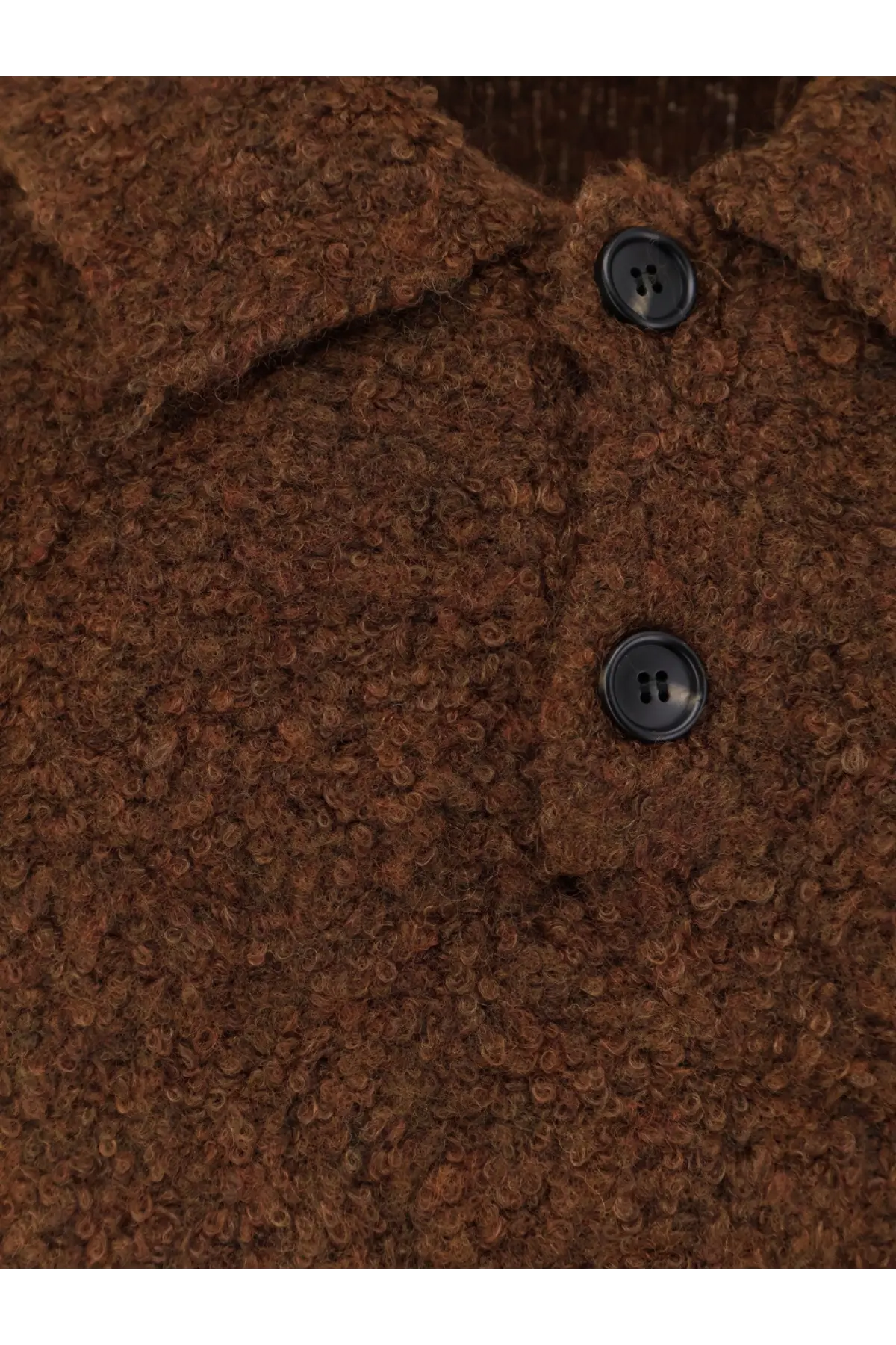Woodbird men’s wbdom loop sweater brown wool coat with brown curly texture and black buttons front view