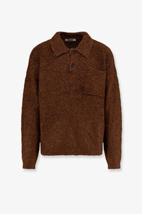Woodbird men’s wbdom loop sweater brown textured knit polo sweater with collar and two dark buttons