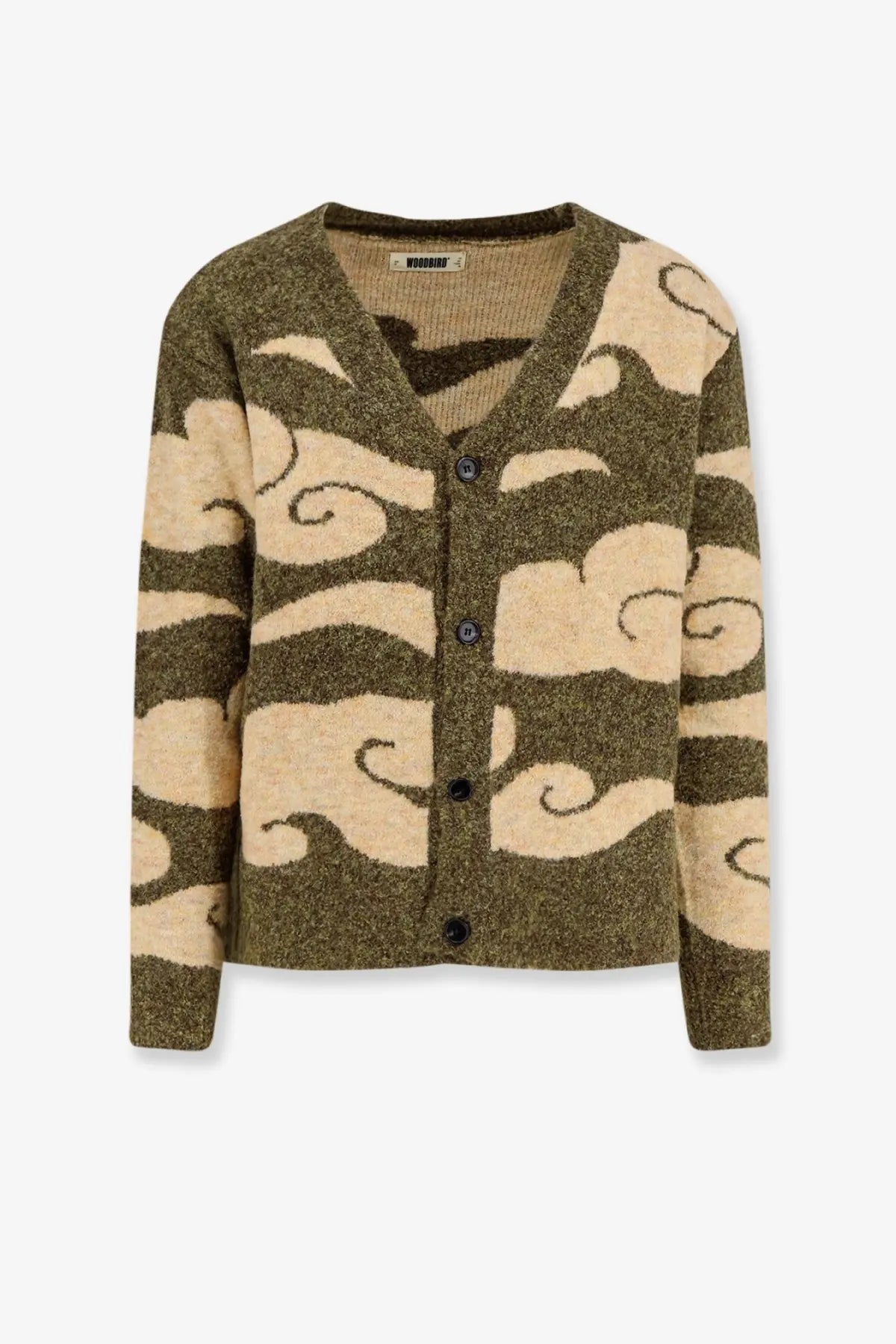 Woodbird mens wbkoon cloud cardigan in olive green and cream knit with v-neck and button closure