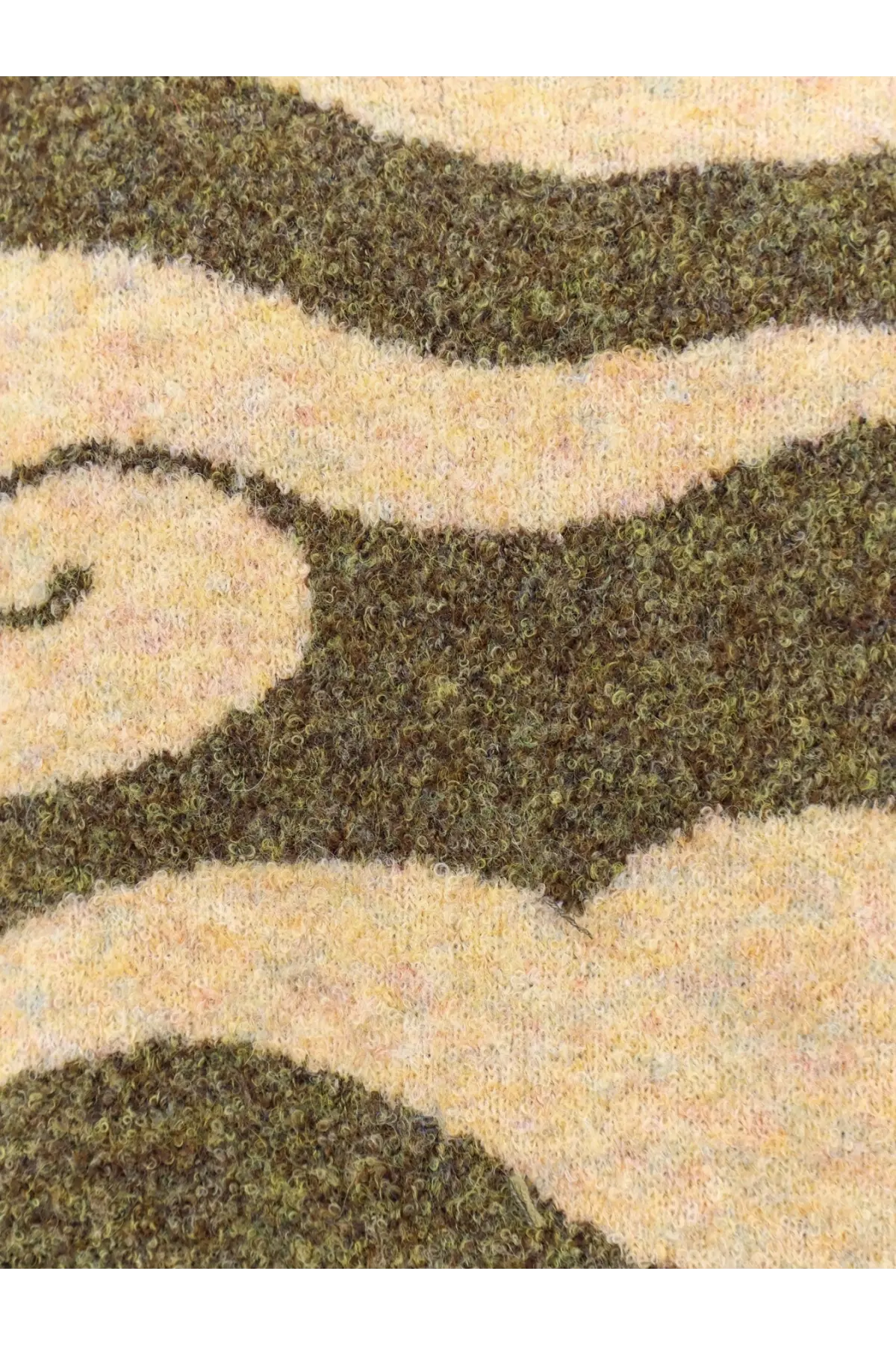 Olive and cream colored woolen rug with plush textured surface featuring flowing wave like patterns in woodbird mens wbkurt cloud sweater green product image