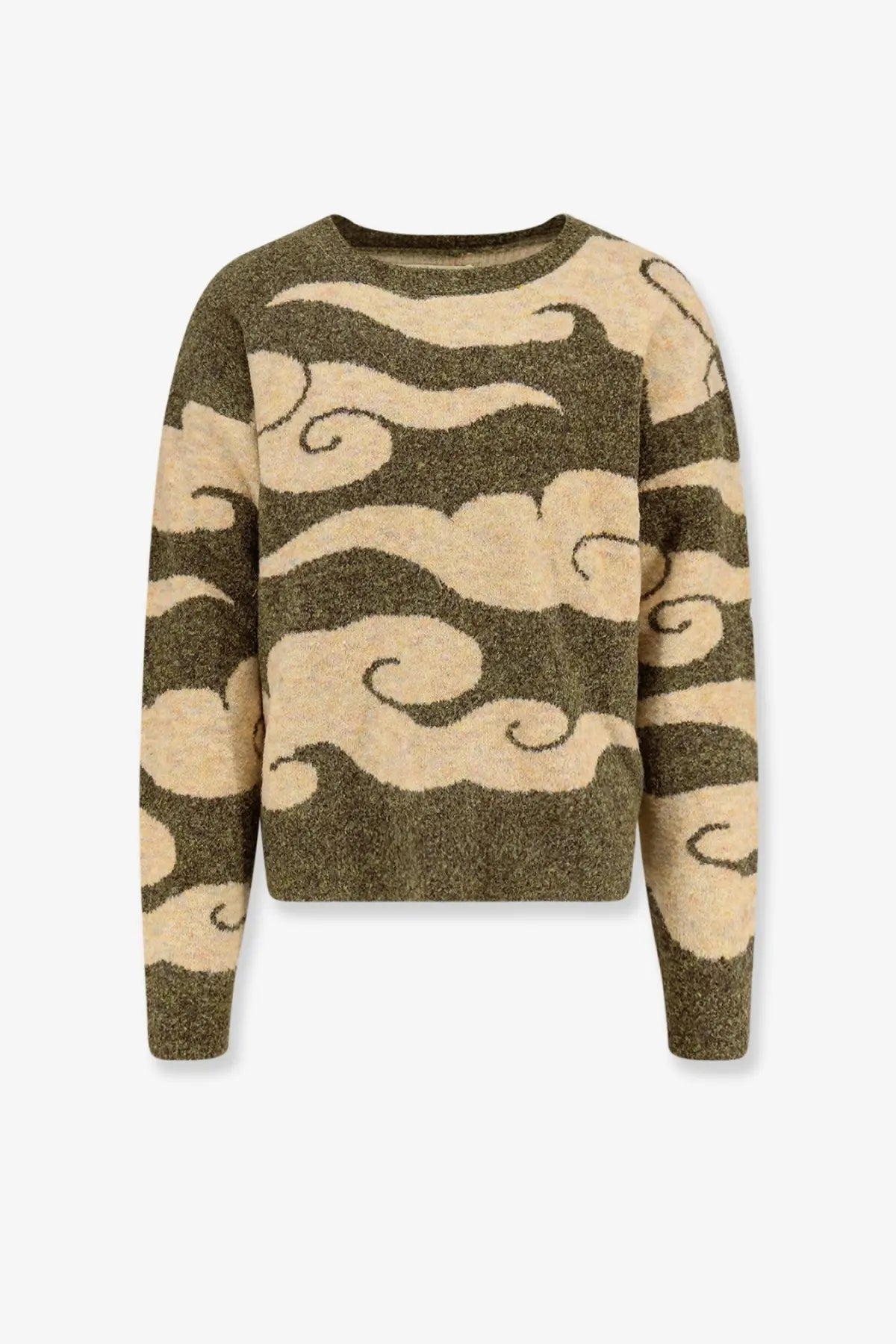 Woodbird men’s wbkurt cloud sweater green olive green and cream knit with textured fuzzy fabric and cloud pattern