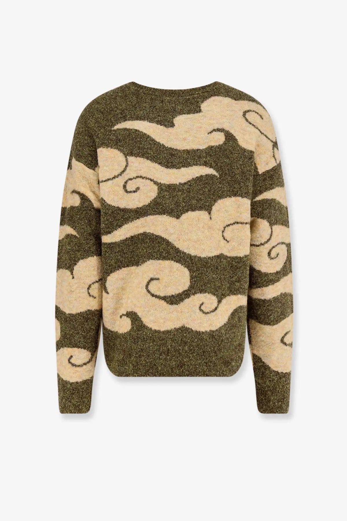 Woodbird men’s wbkurt cloud sweater green knit with olive green and cream cloud pattern and textured fuzzy finish