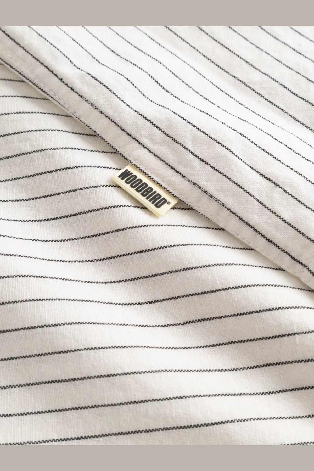 Woodbird mens wbwang linen and cotton blend shirt white with fine black stripes and cream woodbird brand tag