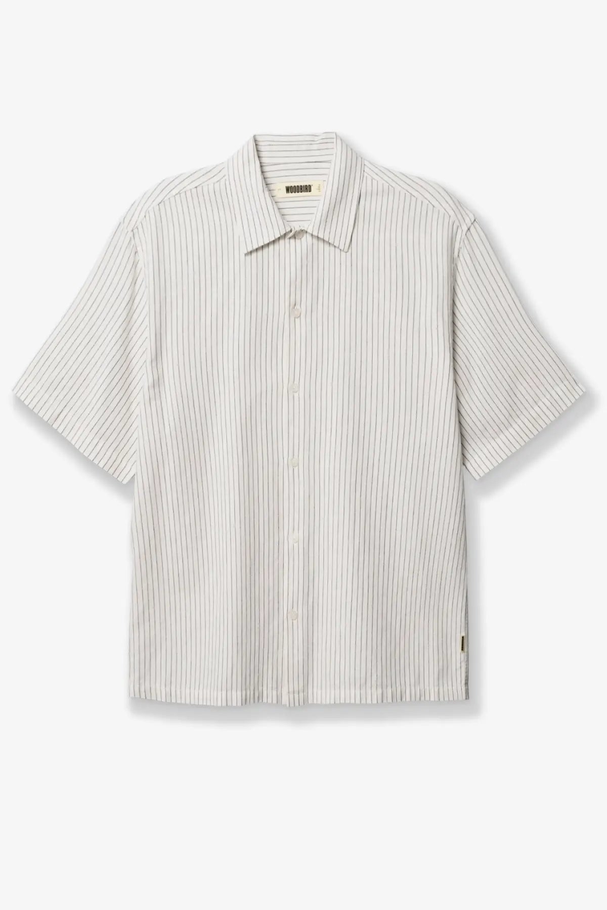 Woodbird mens wbwang short-sleeved button-up shirt in light beige with black stripes linen and cotton blend