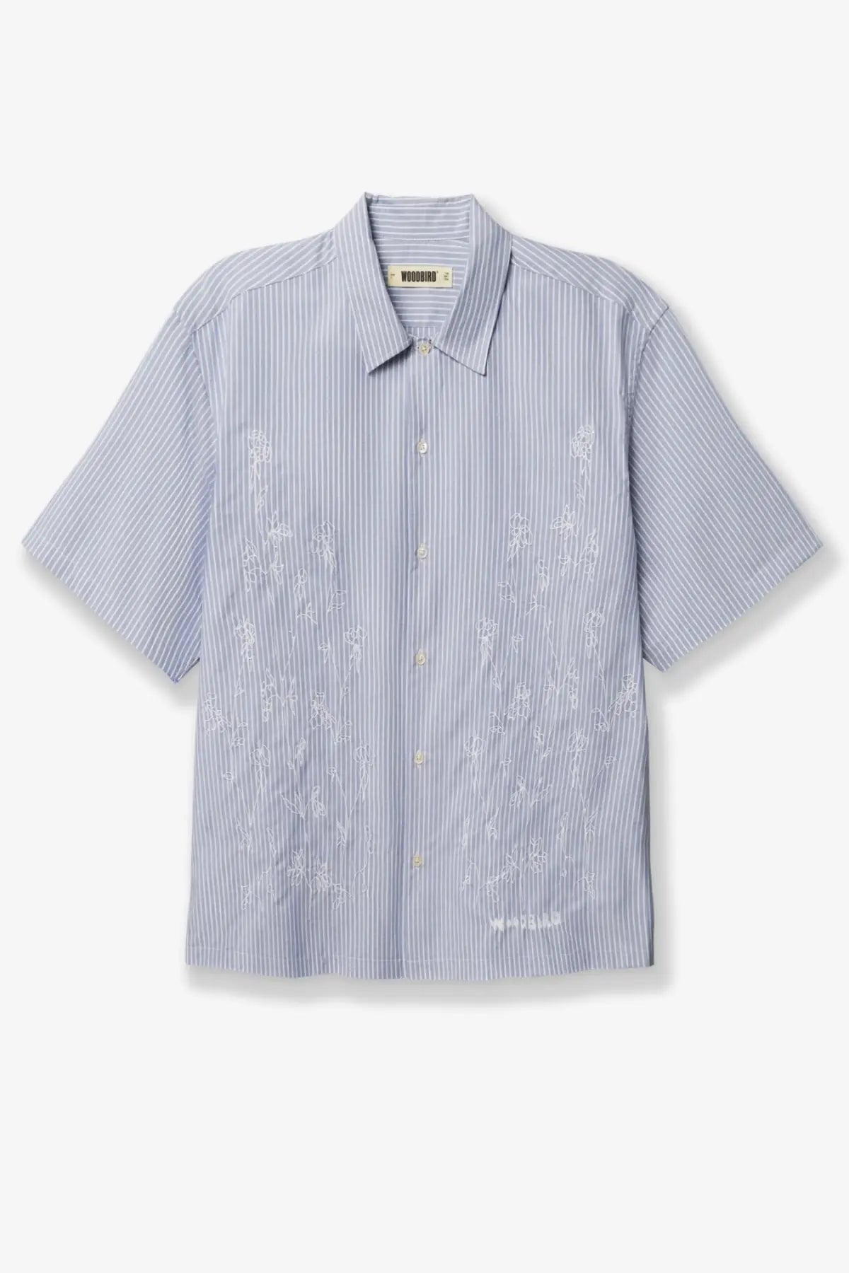 Woodbird men’s wbwang ox flower striped cotton shirt blue with light blue white stripes and embroidered floral patterns