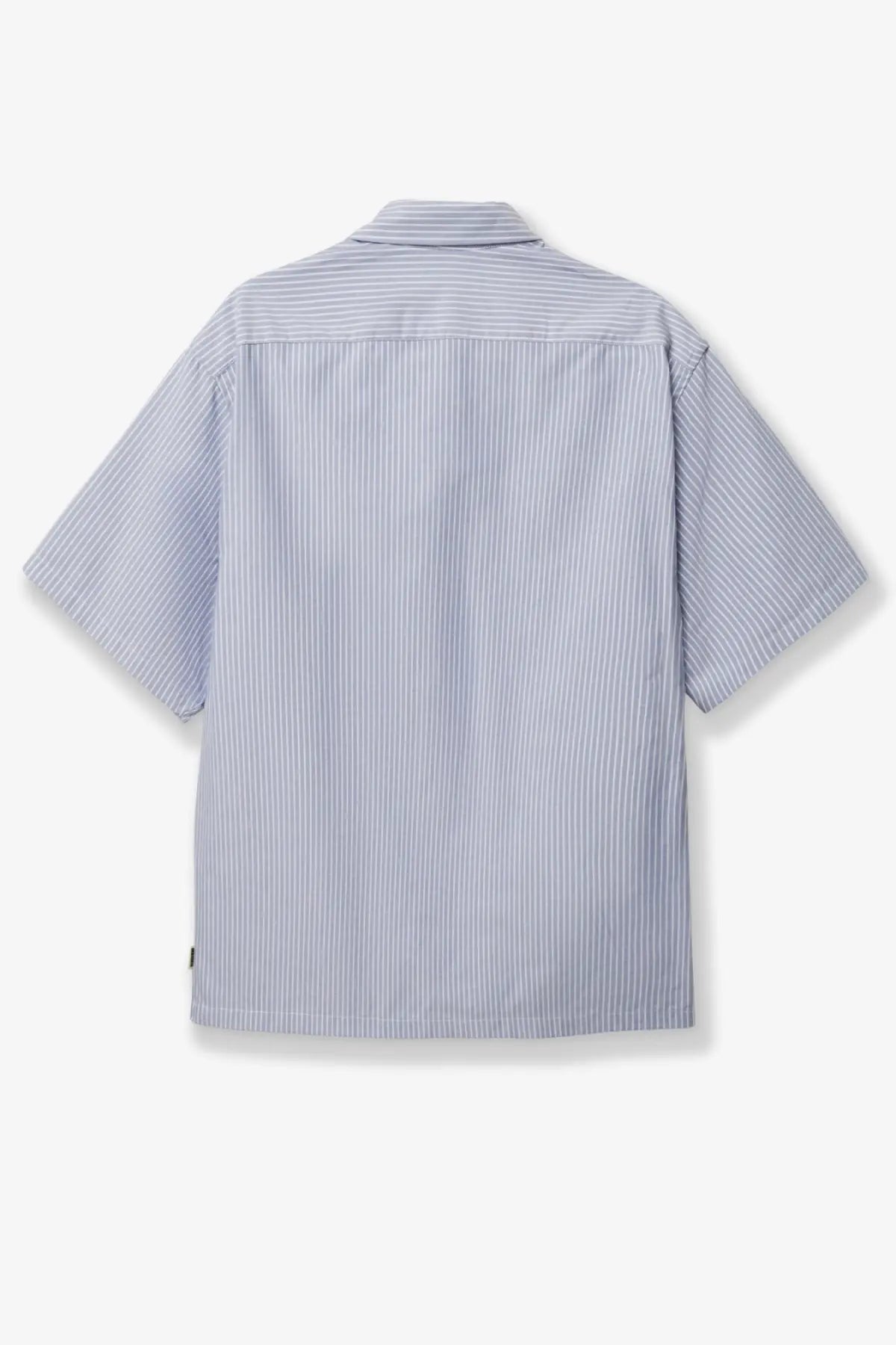 Woodbird mens wbwang ox flower striped cotton shirt in blue with light blue and white vertical stripes and short sleeves