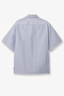 Woodbird mens wbwang ox flower striped cotton shirt in blue with light blue and white vertical stripes and short sleeves