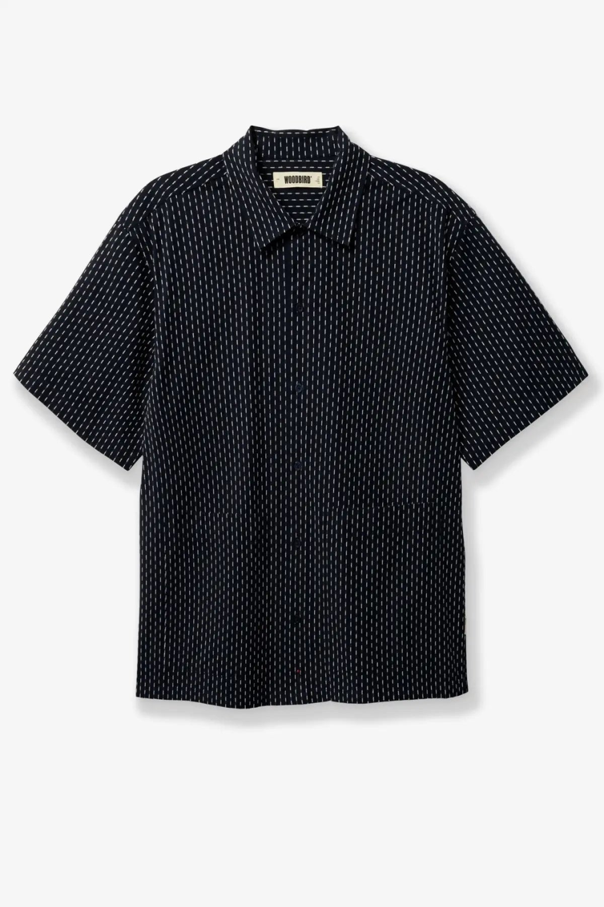 Woodbird men’s wbwang shiko cotton shirt in black with fine white vertical pinstripes and short sleeves