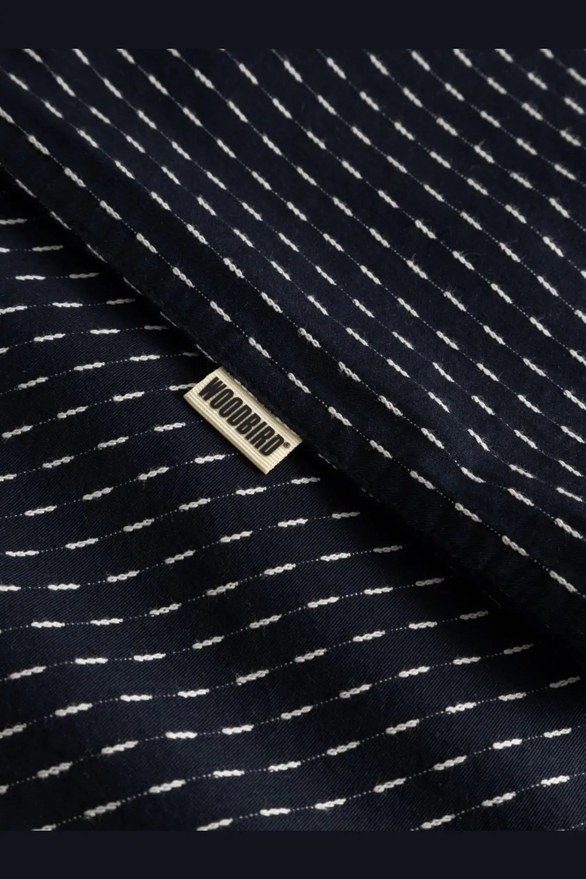 Woodbird mens wbwang shiko cotton shirt blue with dark navy fabric and subtle white dotted lines and beige brand tag