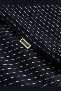 Woodbird mens wbwang shiko cotton shirt blue with dark navy fabric and subtle white dotted lines and beige brand tag