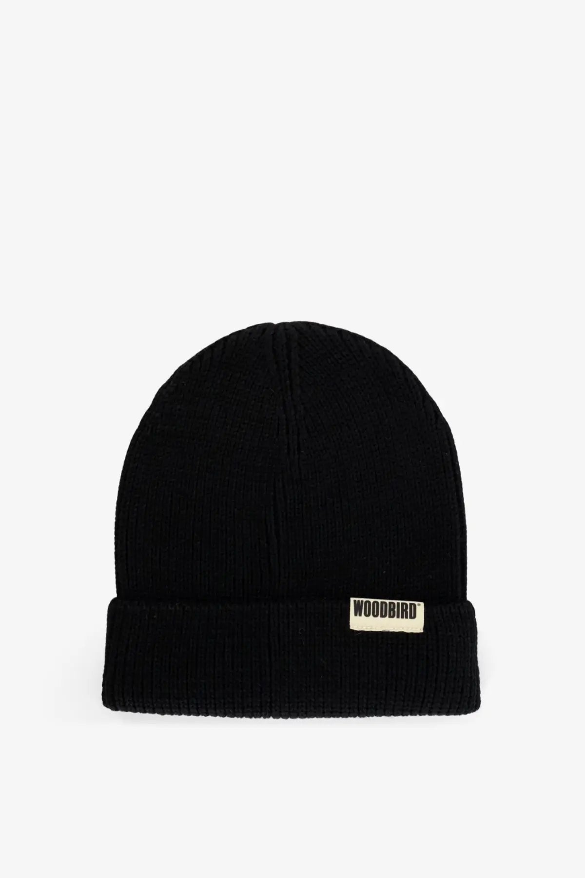Black woodbird mens wbyupa ribbed knit beanie hat with folded cuff wool and acrylic material