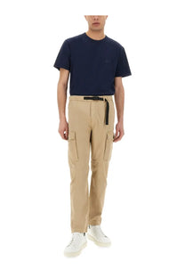 Woolrich men’s beige cargo pants in durable fabric with multiple side pockets and a black belt