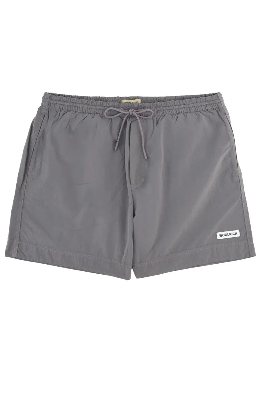 Gray woolrich men’s swim trunks made of wool with a drawstring waistband and subtle branding on the leg