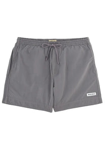 Woolrich men’s gray woolrich swim trunks with drawstring waistband and subtle leg branding for swimming use