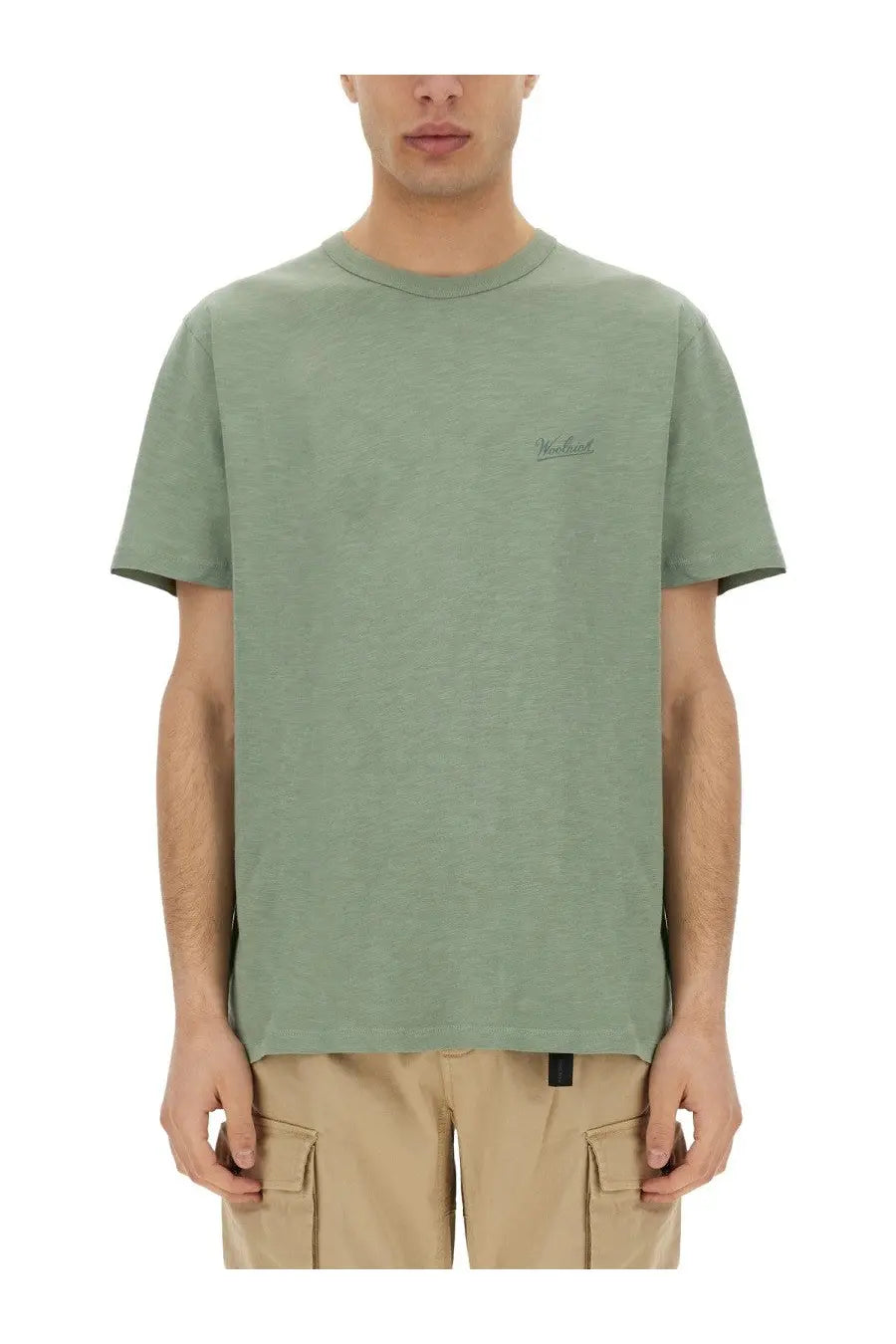 Woolrich men’s flamed cotton shirt green in soft sage green with short sleeves crew neck and subtle left chest embroidery