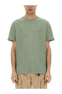 Woolrich men’s flamed cotton shirt green in soft sage green with short sleeves crew neck and subtle left chest embroidery