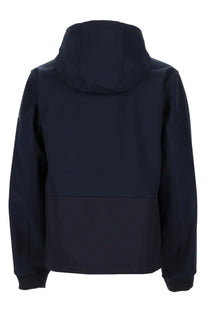 Woolrich men’s dark navy wool hooded jacket with sleek modern design and subtle seam detailing