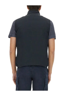 Woolrich men’s gilet impermeabile blue dark navy sleeveless vest with high collar and subtle stitching details