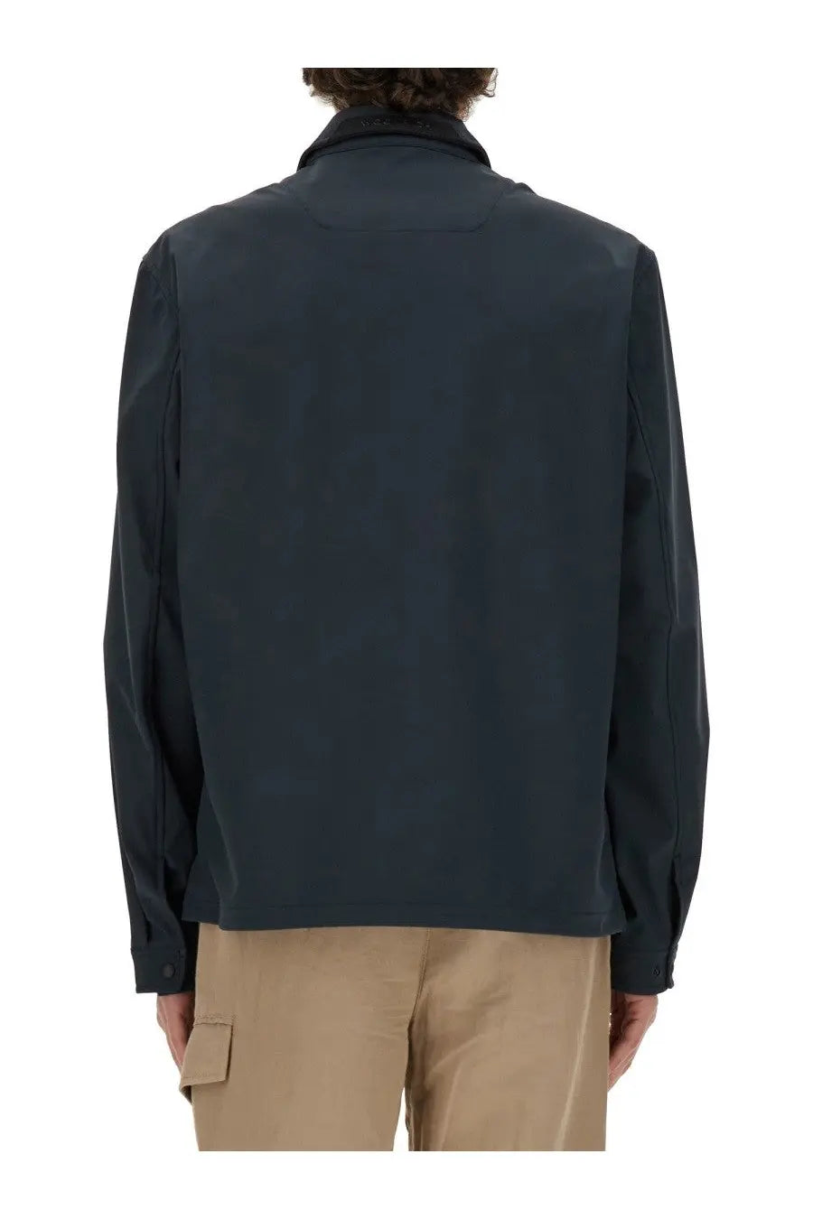 Woolrich men’s dark navy blue wool jacket with sleek modern design and subtle seam detailing front view