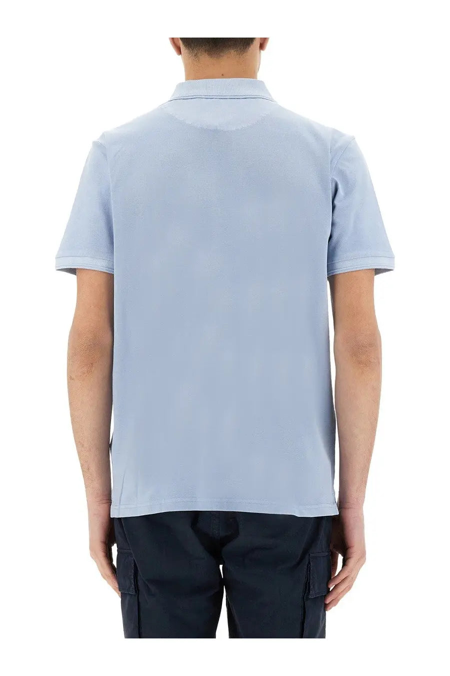 Woolrich men’s Mackinack polo shirt in light blue wool with classic collar and short sleeves featuring stitched seams