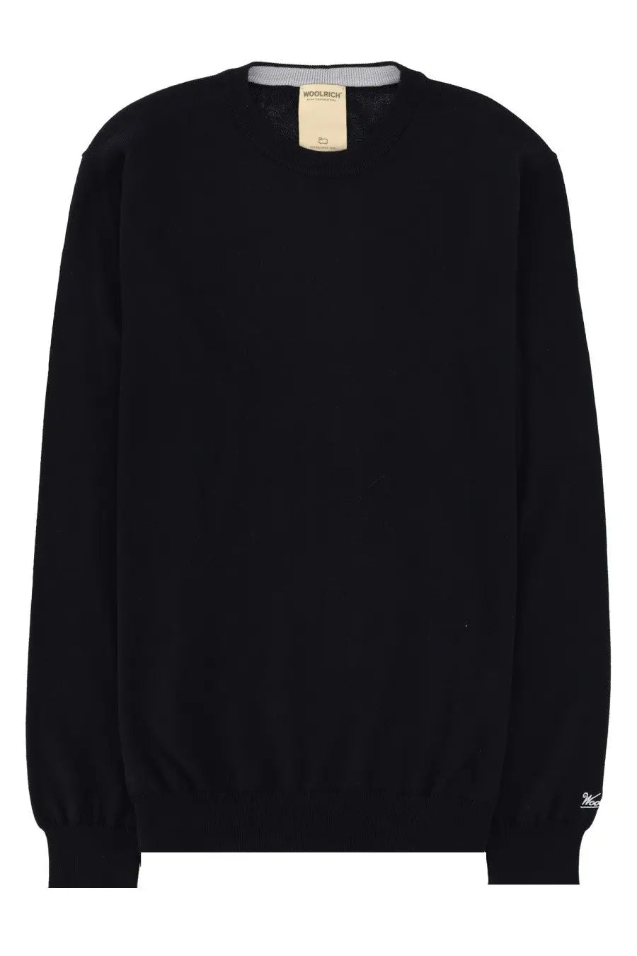 Black woolrich crewneck sweater in cotton with ribbed cuffs hem and subtle gray inner collar lining for men