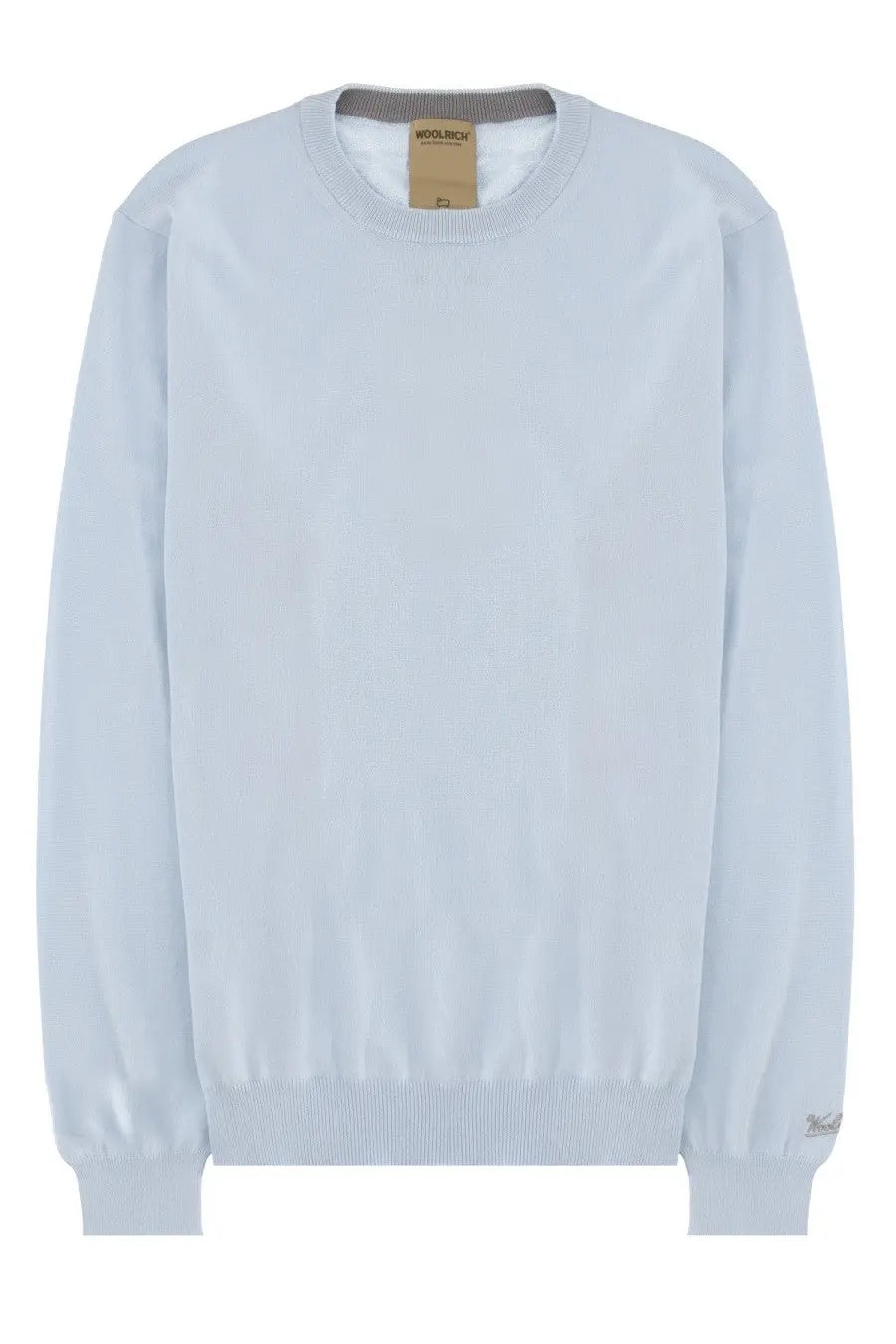 Light blue woolrich men’s maglia cotone crewneck sweater with ribbed cuffs and hem in soft cotton fabric