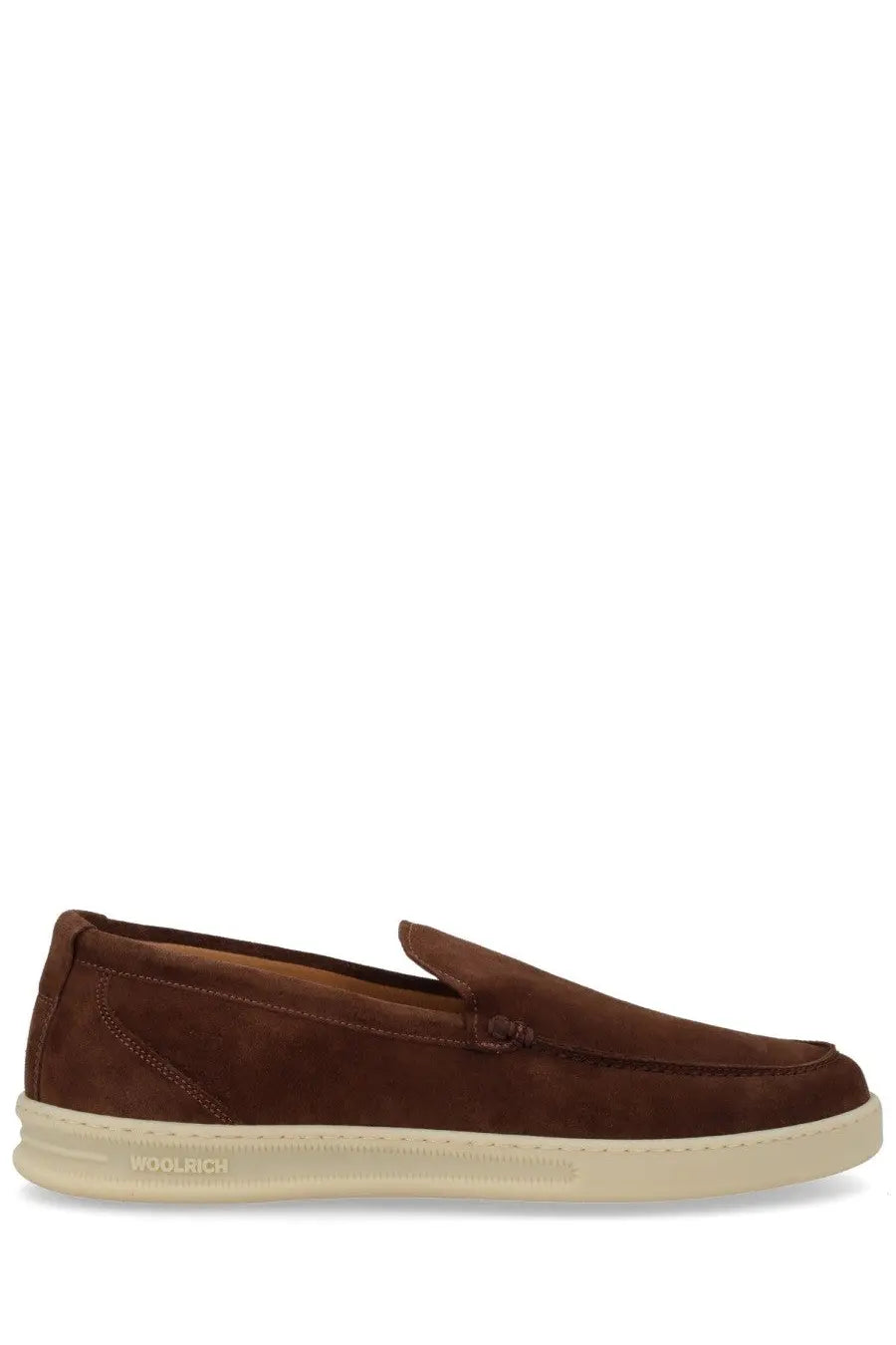Woolrich men’s mocassino suede brown loafers with cream rubber sole and embossed Woolrich brand name on the sole