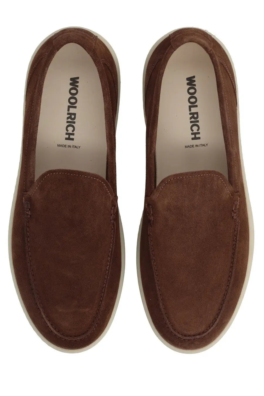 Woolrich men’s mocassino brown suede loafers with white rubber sole and Woolrich branding on the insole
