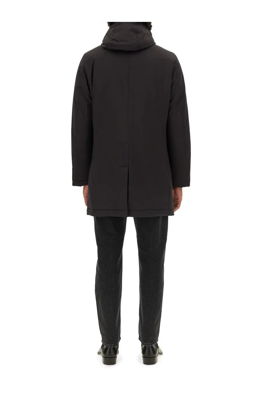 Woolrich men’s black nylon jacket with sleek modern design and subtle seam detailing