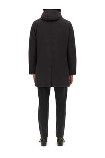 Woolrich men’s nylon jacket black with a sleek modern design and subtle seam detailing in a black hooded coat style