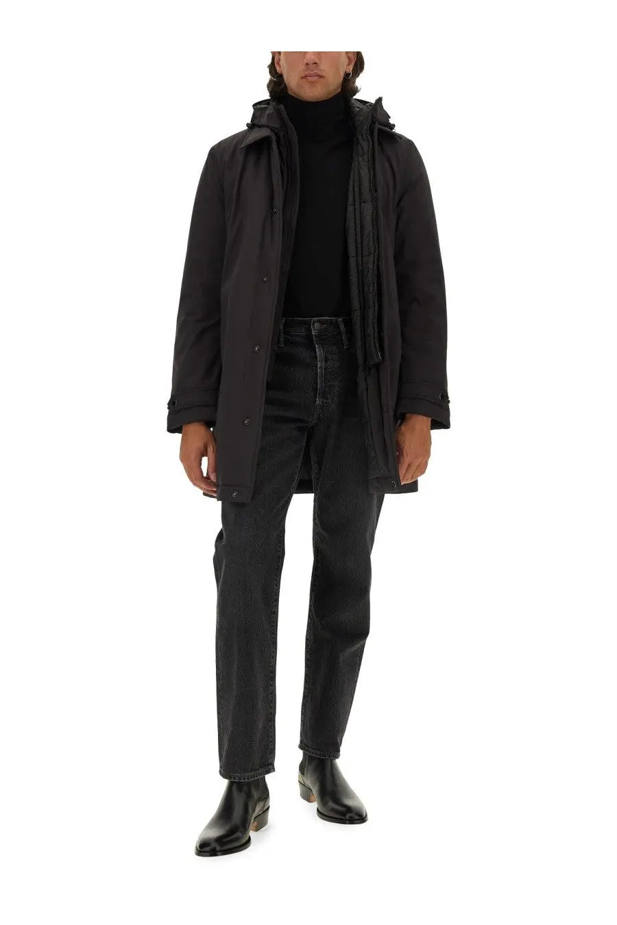 Woolrich men’s black nylon jacket with a sleek hooded trench coat design and subtle button detailing