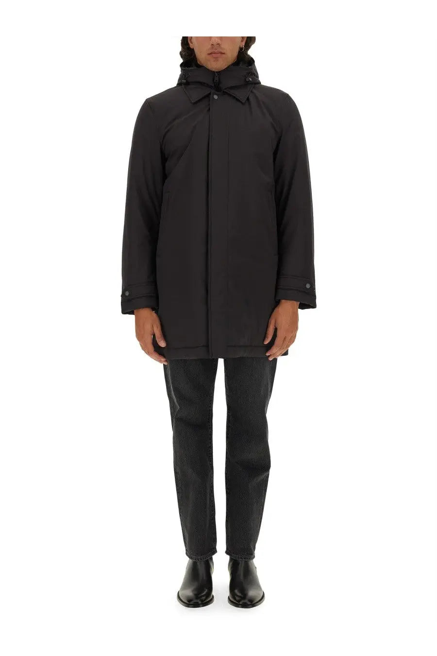 Woolrich men’s black nylon jacket with a sleek minimalist design and subtle button details front view
