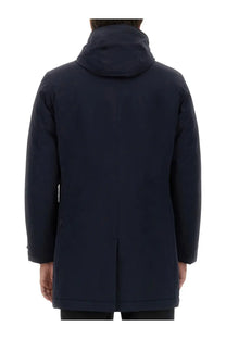 Woolrich men’s nylon jacket blue with dark navy hooded coat featuring sleek modern design and subtle seam detailing