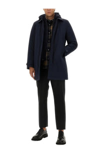 Woolrich men’s nylon jacket blue in navy with a hooded trench coat design and subtle stitching details