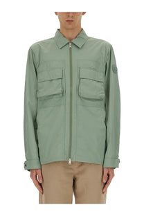 Woolrich men’s nylon shirt green light green long-sleeved utility jacket with two front flap pockets and central zipper