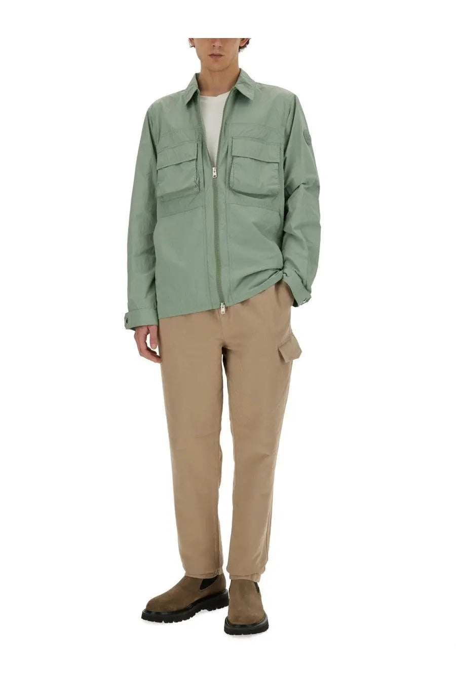 Woolrich men’s green nylon shirt jacket with zip front chest pockets and rolled-up sleeves in light green color