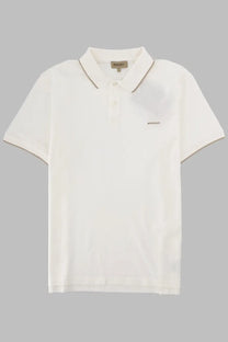 Woolrich men’s polo monterey in piqué white wool with subtle gray collar trim and small embroidered brand logo on chest