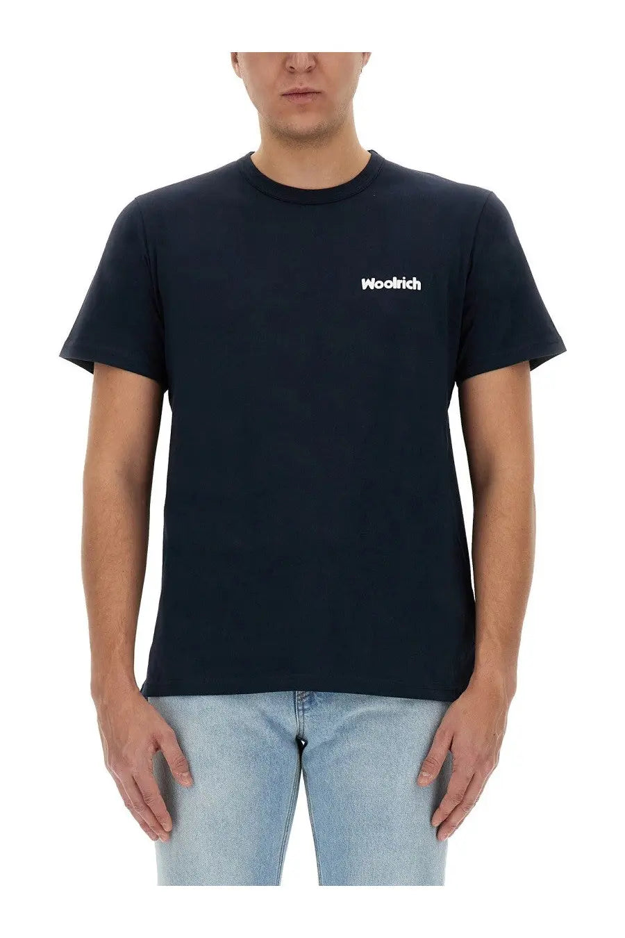 Woolrich men’s navy blue crew neck wool t-shirt with white embroidered logo on left chest